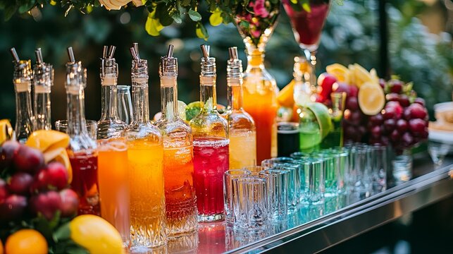 A sparkling cocktail-making station with bottles of colorful mixers and garnishes