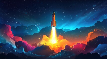 Vibrant Rocket Launching into a Colorful Cosmic Sky at Dusk