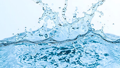 Dynamic splash of water with crystal-clear droplets frozen in motion, showcasing energy, freshness, and purity