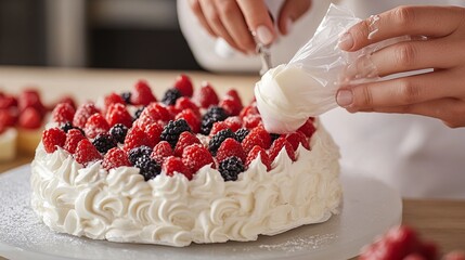 A sparkling dessert-making class with piping bags, frosting, and fresh berries