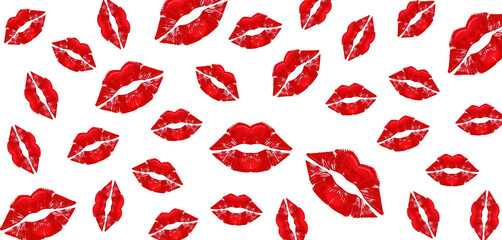 Red lipstick kiss marks on transparent background