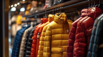 Fototapeta premium A collection of fashionable winter jackets on display, showcasing various colors and designs for a trendy winter look.