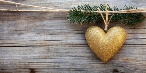 Golden glitter heart ornament hanging from twine with green twig on rustic wooden background capturing festive holiday spirit and warmth