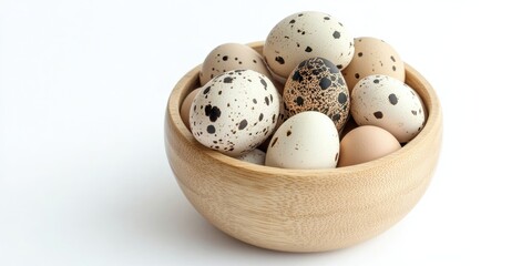 A wooden bowl filled with assorted organic quail eggs in various colors and speckled patterns against a clean white background conveying natural health.