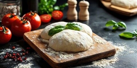 Fototapeta premium Raw pizza dough on a wooden board with fresh basil, surrounded by red tomatoes, peppercorns, and herbs, creating a vibrant Italian cooking scene.
