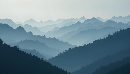 Abstract mountain silhouette with layers of misty blues. Banner for outdoor brands, adventure ads, and nature campaigns.