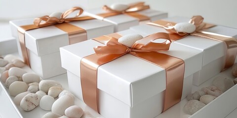 Elegant white gift boxes with copper ribbons and pebbles arranged neatly, featuring three boxes in a minimalist setting with soft lighting.