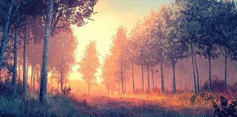 Serene Sunset Illuminates Misty Birch Forest Path