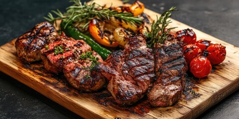 Grilled steak and colorful vegetables on rustic wooden serving board with rosemary sprigs and charred edges against dark background.