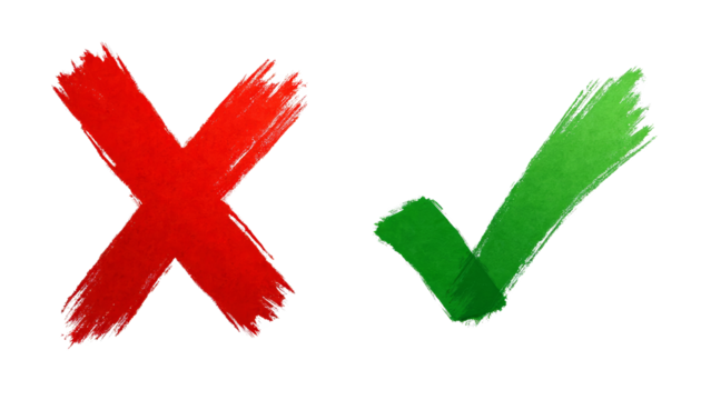 Red X and green check mark on a transparent background