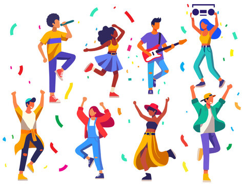 happy people cartoon character celebrating success cheerfully jumping rejoicing win victory illustration clipart set