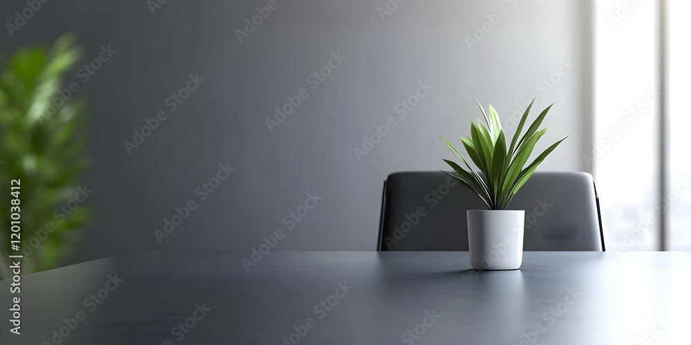 Poster a minimalist indoor setting featuring a small potted plant on a table with a dark background and a c