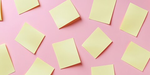 Collection of vacant yellow sticky notes scattered across a soft pink surface showcasing blank reminders with gentle shadows for depth and texture