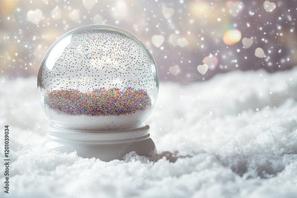 Poster a beautiful snow globe filled with tiny hearts sparkles as it sits on a soft, fluffy surface. the in