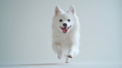 Happy White Dog Running Playfully on Light Background