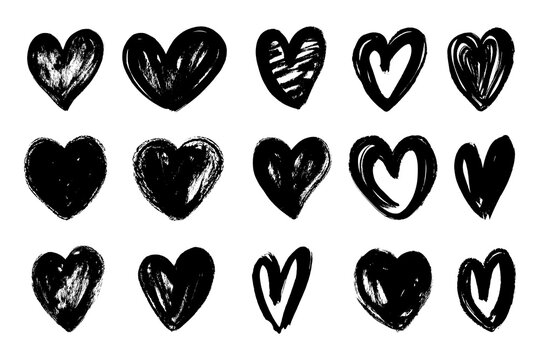 Grunge hearts icons. Scribble ink grunge heart shapes. Hearts icons set hand draw with markers