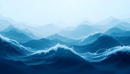 Fototapeta premium Abstract ocean waves with deep blue gradients and white foam patterns. Banner for marine themes, travel branding, and water-inspired designs.