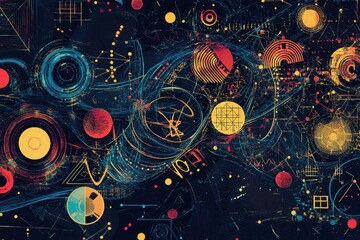 Abstract Cosmic Artwork Featuring Vibrant Circles and Lines
