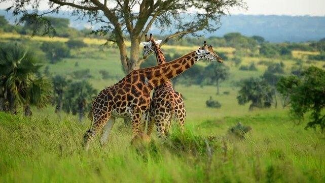 Two Giraffes rubbing necks in Uganda grassland