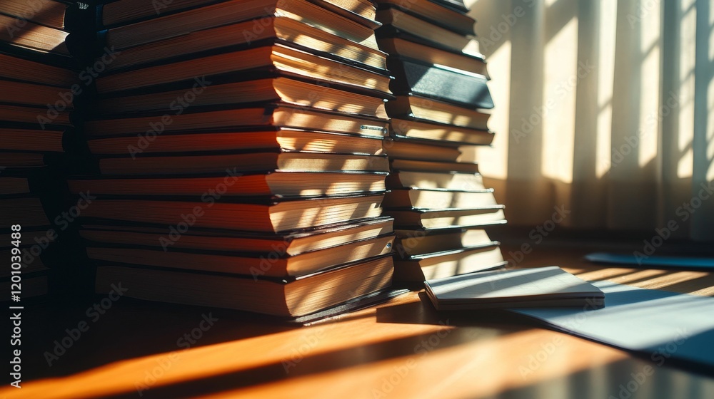 Poster stacked books and sunlight create patterned shadows.