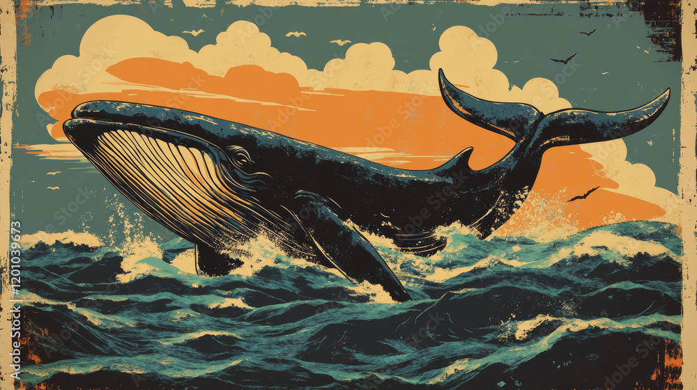 Poster big wild whale in ocean water in retro style. vector version also available in gallery