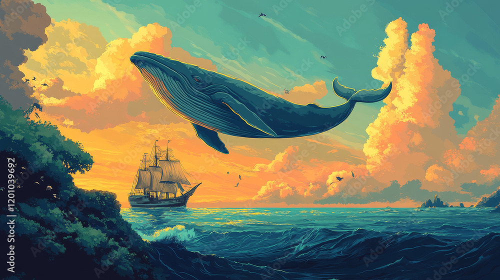 Poster big wild whale in ocean water in retro style. vector version also available in gallery