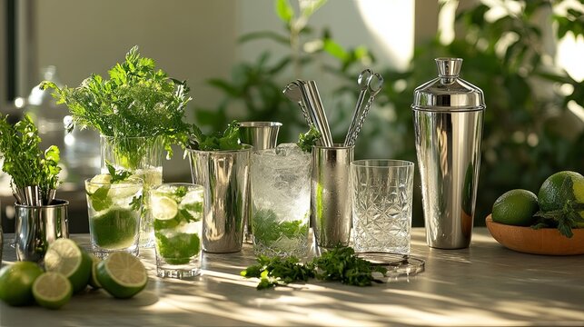 A sparkling home cocktail class with shakers, glasses, and garnishes neatly displayed