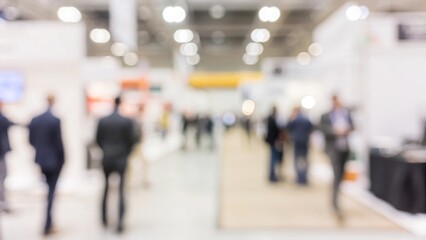 Business Expo Hall Blur: A large exhibition hall filled with blurred booths, banners, and attendees in professional attire.
