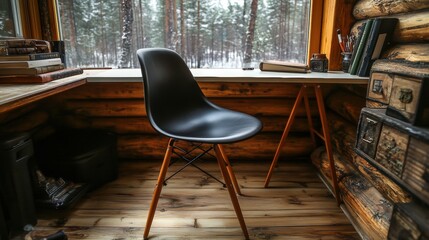 Cozy Cabin Interior with Modern Chair and Scenic Forest View