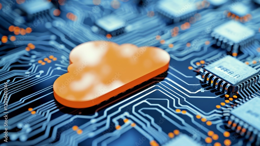 Poster orange cloud icon on blue circuit board background representing cloud computing and storage tech