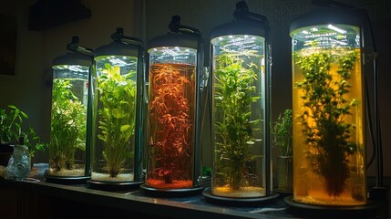 A sparkling hydroponic gardening system with grow lights and plants in nutrient tanks