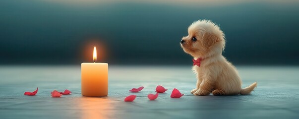 Fototapeta premium A puppy wearing a tiny bow tie sitting near a glowing candle, with scattered pink and red petals on the floor, 3d render