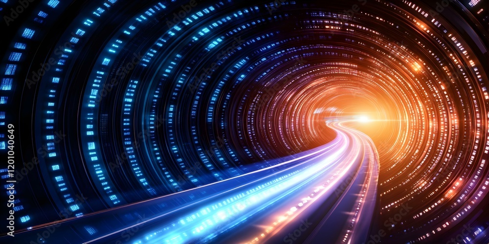 Aufkleber a futuristic tunnel with glowing circular patterns and light trails, creating a sense of movement an