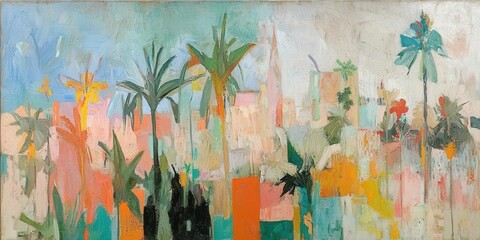 Vibrant abstract palm tree art urban landscape canvas painting colorful environment artistic viewpoint