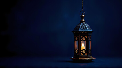 Obraz premium lantern with a lit candle inside, hanging against a dark blue background with bokeh lights, evoking a sense of warmth and tradition