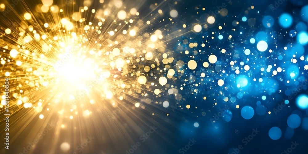 Poster a vibrant background with rays of light and colorful bokeh effects in gold and blue, creating an ene