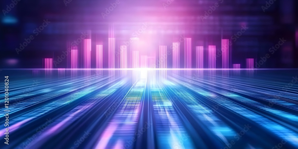 Poster an abstract digital graphic featuring colorful sound waves or data visualizations in a futuristic se