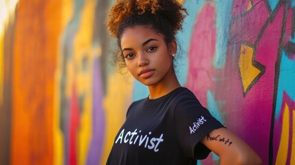 Fototapeta premium Young woman urban wall graffiti posing activist