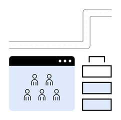 Browser window with team icons, flowchart, and connection lines. Ideal for teamwork, processes, planning, organization, digital tools, project management abstract line flat metaphor
