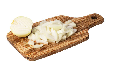Sliced fresh white onion on wooden cutting board isolated on transparent background