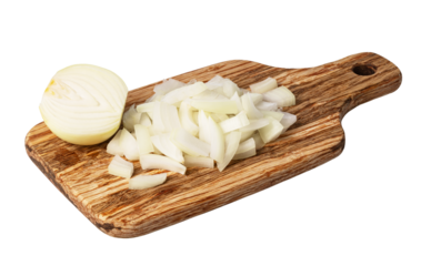 Sliced fresh white onion on wooden cutting board isolated on transparent background