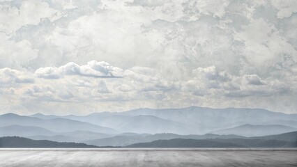 Obraz premium Serene mountain vista viewed from an empty platform, showcasing a textured sky and distant hills.
