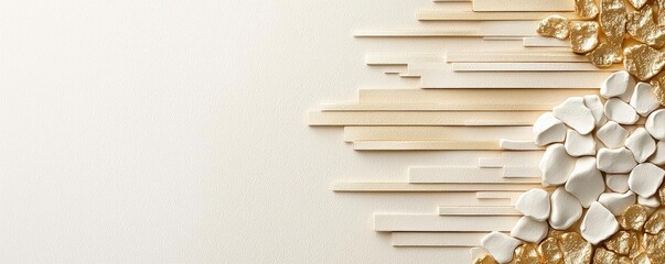 Beige gold watercolor idea. Abstract design with wooden elements and golden stones arranged stylishly on a surface.