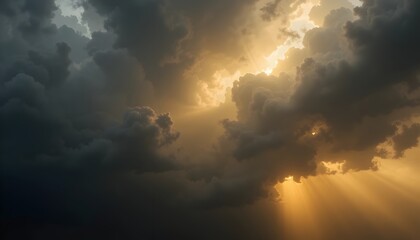 Fototapeta premium Abstract cloudburst with streaks of sunlight breaking through stormy skies. Banner for dramatic nature ads, weather themes, and artistic designs.