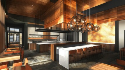 A modern kitchen showcasing custom cabinetry, quartz countertops, and a unique light fixture as a focal point.