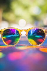 Stylish sunglasses reflecting vibrant city lights and colorful patterns, creating an artistic and modern vibe.
