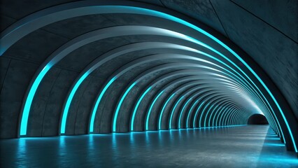 Fototapeta premium Futuristic architectural design of a tunnel with glowing cyan accents along curved walls and a reflective floor