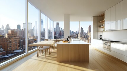 A modern kitchen with floor-to-ceiling windows, creating a bright, open atmosphere that merges indoor and outdoor spaces.