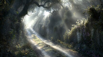Obraz premium Sunbeams illuminate misty forest path; peaceful nature scene; ideal for travel, fantasy