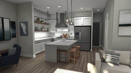 A modern kitchen with open shelving, industrial-style lighting, and a neutral color palette for a chic and airy feel.